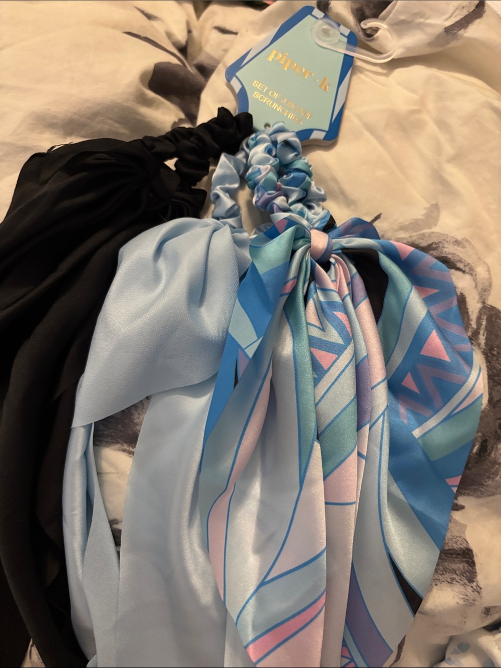 Piper & I Black, Light Blue and Patterned Satin Scarf Scrunchie Set